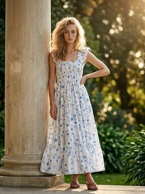 Elegant NWT Blue Floral Summer Smocked Party Maxi Dress by Hill House- XL